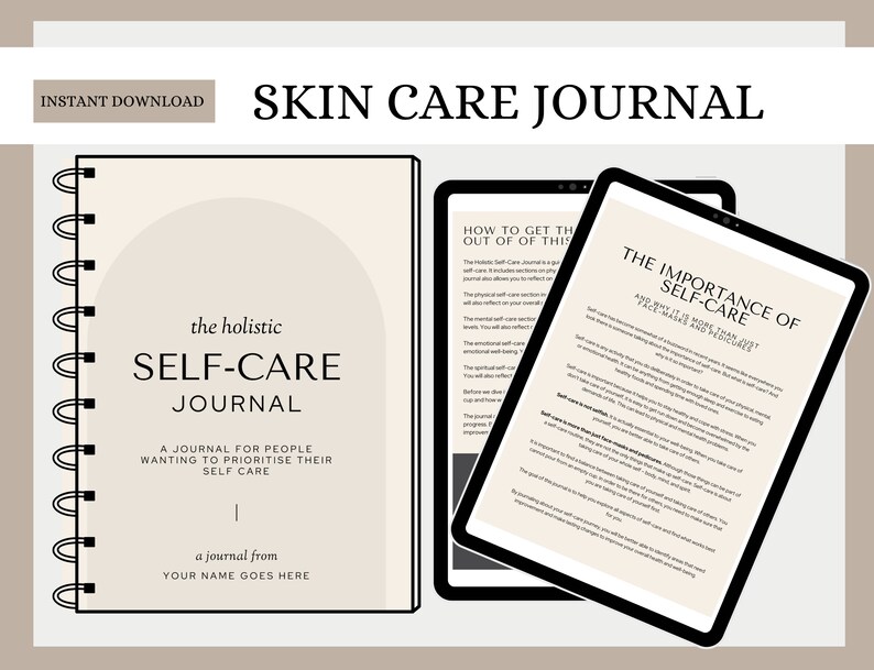 Peut inclure: Un journal num&eacute;rique imprimable sur le th&egrave;me du soin de soi avec un fond beige et du texte noir. La couverture du journal pr&eacute;sente un design minimaliste avec une forme d'arche et le texte "the holistic SELF-CARE JOURNAL". Le journal est con&ccedil;u pour les personnes qui souhaitent prioriser leur bien-&ecirc;tre.