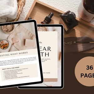 May include: A digital tablet displaying a 36-page guide titled "The Earth" with a subtitle "Skincare Journal for Holistic Acne Treatment". The guide includes a section titled "Testing What Works" with a list of tips for improving skin health.