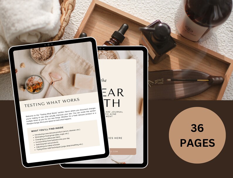 May include: A digital tablet displaying a 36-page guide titled "The Earth" with a subtitle "Skincare Journal for Holistic Acne Treatment". The guide includes a section titled "Testing What Works" with a list of tips for improving skin health.