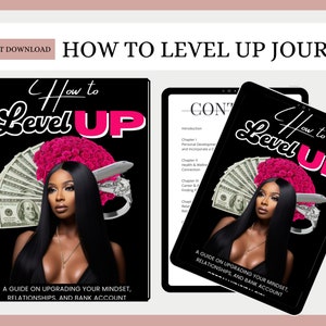 Puede incluir: Un diario negro y rosa con el título "How to Level Up" y el texto "A guide on upgrading your mindset, relationships, and bank account". La portada presenta a una mujer con cabello negro largo, una corona de flores rosas y un avión en el fondo.