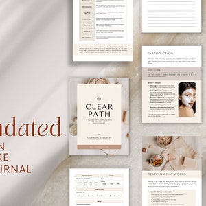 May include: A beige and brown journal with the title "The Clear Path: A Guided Skin Care Journal for Holistic Acne Management". The journal has a minimalist design with a photo of a woman wearing a face mask. The text "Undated Skin Care Journal" is written in red on a beige background.