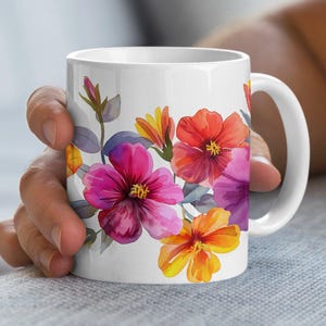 Beautiful Floral Mug 11oz and 15oz Options Available Accent Colors Pink Dark Blue Red Light Blue Black Perfect Gift