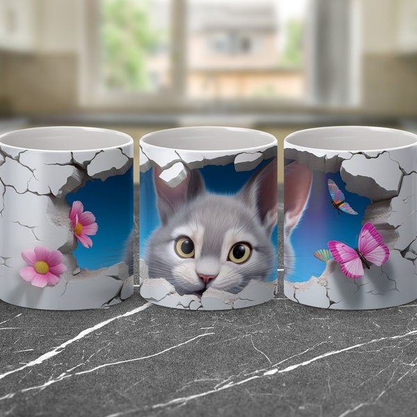 Cute Cat Mug, 3D Kitten Face with Pink Flowers and Butterflies, Unique Coffee Cup, Animal Lover Gift