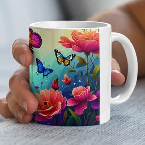 Butterfly Flower Mug, Floral Art Coffee Cup, Garden Lover Gift, Nature Inspired Tea Mug, Colorful Butterfly Decor