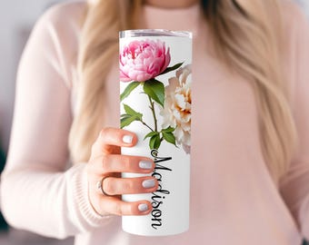 Birth Month Flower Tumbler Pink Peony Beautiful Botanical Gift Idea Floral Tumbler Water Bottle for Women Mom Grandma Gift