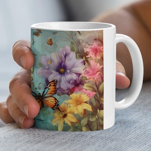 Colorful Butterfly Garden Mug, Vibrant Butterflies and Flowers Art Mug, Nature Inspired Coffee Cup, Springtime Floral Butterfly Mug
