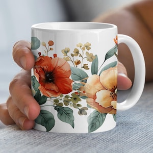 Floral Mug with Orange Blossoms and Green Leaves, Colorful Flower Design Coffee Cup, Botanical Art Mug Gift, Spring Flower Mug 11oz 15oz