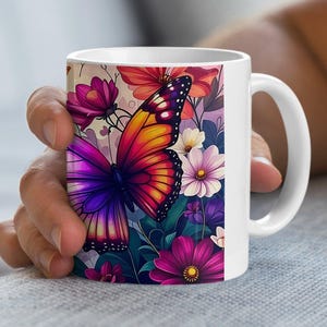 Butterfly Garden Mug Colorful Butterfly Mug Floral Mug Nature Inspired Mug Butterfly Lover Gift Cute Butterfly Mug Butterfly and Flowers Mug