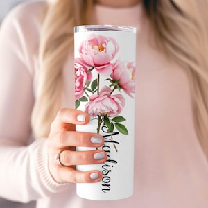 Pink Peony Flower Tumbler Birth Month Flower Tumblers Gifts for Her Floral Tumbler Water Bottle Elegant Tumbler Unique Tumblers