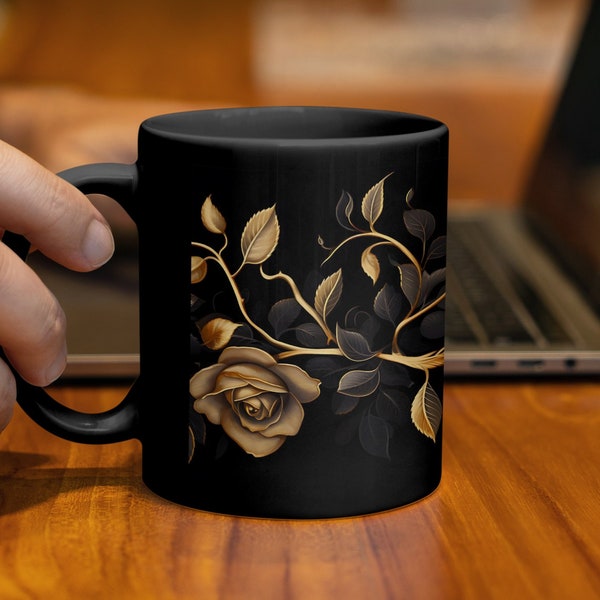 Elegant Golden Rose Design Coffee Mug, Luxurious Floral Art Cup, Gift for Her, Mother's Day, Birthday Present