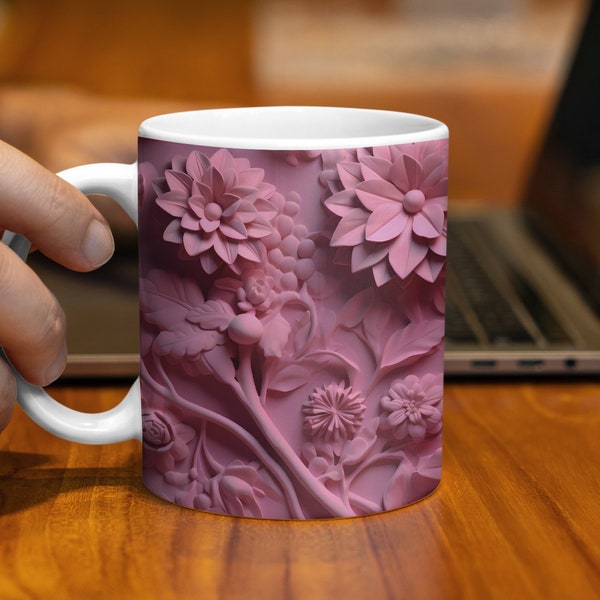 Floral Pink Mug, Rose and Blossom Design, Elegant Coffee Cup, Perfect Gift Idea