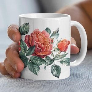 Beautiful Floral Mug Colorful Roses Design Coffee Tea Mug Gift for Her 11oz and 15oz White Accent Colors Pink Blue Red Black