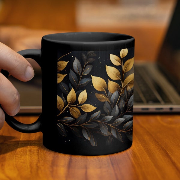 Elegant Golden Leaves Design Coffee Mug, Luxurious Black and Gold Tea Cup, Artistically Designed Home Decor Gift