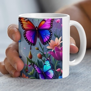 Butterfly Flower Mug Colorful Art, Floral Mug, Butterfly Mug, Gift for Her, Spring Mug, Butterfly Lover Mug, Nature Mug