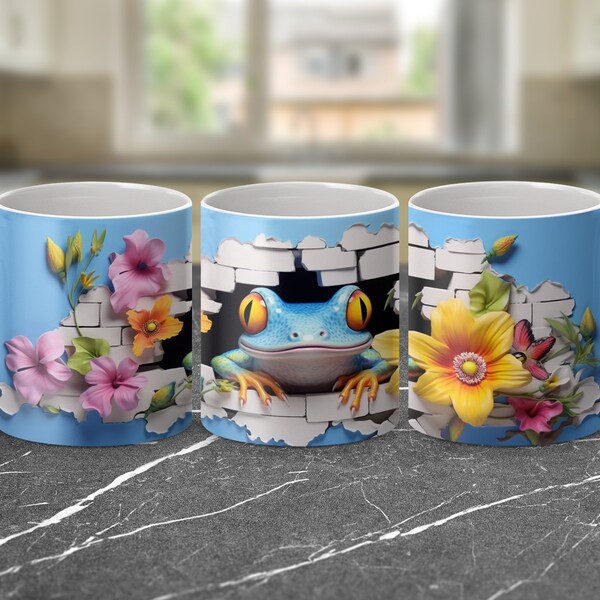 Colorful Frog and Floral Design Coffee Mug, Vibrant Spring Flowers Ceramic Cup for Home and Office, Unique Gift Idea