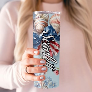 Vaso patriótico floral con bandera americana vintage, conchas rojas, blancas y azules, ideal para el verano. Regalo personalizado para ella. Decoración para el 4 de julio.