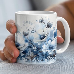 Beautiful Blue Floral Mug, Coffee Mug with Blue Flower Design, Flower Art Mug, Botanical Floral Mug, Blue Flower Coffee Cup 11oz 15oz