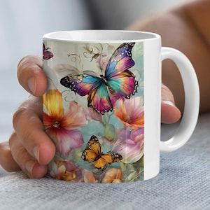 Butterfly Garden Mug Colorful Floral Butterfly Mug Spring Morning Coffee Cup Unique Nature Inspired Gift for Butterfly Enthusiasts