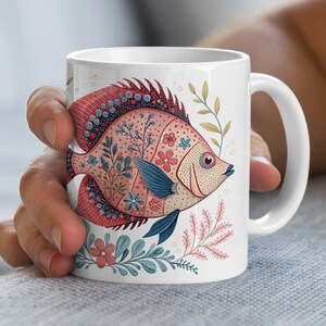 Floral Fish Mug Whimsical Sea Creature Art Coffee Cup Unique Gift Idea Aquatic Lover Decor Marine Life Gift Ocean Theme