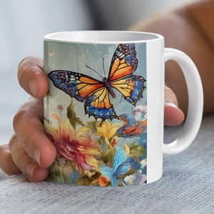Butterfly Garden Mug Colorful Flower Design Nature Lovers Gift Butterfly Art on Mug Coffee Cup with Butterflies Floral Mug Spring Mug