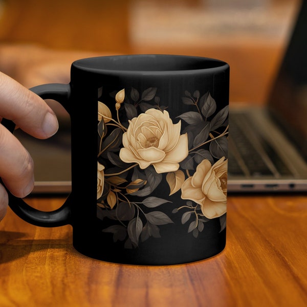 Elegant Golden Roses on Black Background Coffee Mug, Floral Design Mug, Unique Gift for Plant Lovers