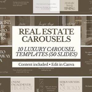 May include: A digital product advertisement for real estate carousel templates. The design features a neutral color palette with text such as "Real Estate Carousels" and "10 Luxury Carousel Templates (50 Slides)". The slides offer tips on pricing, photography, and timing.