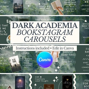 K&ouml;nnte beinhalten: Dark Academia Bookstagram-Karussells mit Anleitung. Das Design zeigt einen dunkelgr&uuml;nen Hintergrund mit Bergillustrationen und Buchbesprechungen. Enth&auml;lt Buchtitel, Autorennamen und Bewertungssterne.