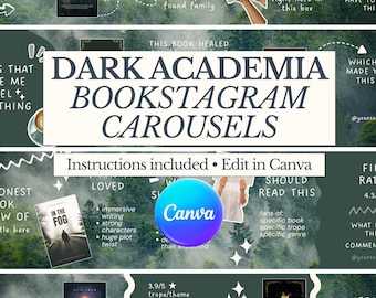 Dark Academia Bookstagram Vorlagen | Bearbeitbare Canva Nahtlose Karussellvorlagen für Buchbesprechungen | Waldästhetische Instagram-Vorlagen