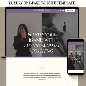 Può includere: Un laptop e uno smartphone mostrano un modello di sito web con una combinazione di colori viola e bianco. Il testo del sito web recita "ELEVATE YOUR BRAND WITH LUXURY MINDSET COACHING". L'immagine mostra una donna che tiene un telefono.