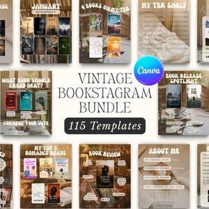 May include: A collection of templates for book-related social media posts. The image features various layouts with book covers, text, and graphics. The templates are designed for book reviews, reading lists, and other book-related content. The Canva logo is visible.