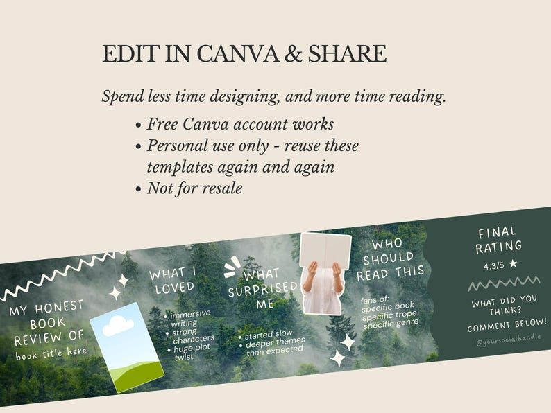 K&ouml;nnte beinhalten: Canva-Vorlage f&uuml;r Buchrezensionen mit einem Waldbild im Hintergrund und Textfeldern f&uuml;r Rezensionsdetails. Enth&auml;lt Abschnitte f&uuml;r "Was ich geliebt habe", "Was mich &uuml;berrascht hat" und "Wer das lesen sollte", mit einem Abschnitt f&uuml;r die Endbewertung.
