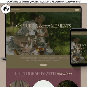 May include: A laptop and smartphone display a website with the text "CAPTURING honest MOMENTS." The website features a couple on a picnic. The website also includes the text "PHOTOGRAPHY WITH intention."