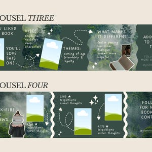K&ouml;nnte beinhalten: Eine digitale Grafik f&uuml;r Buchbesprechungen mit einem Waldbild im Hintergrund und Textelementen. Das Design enth&auml;lt S&auml;tze wie "Carousel Three", "Wenn Ihnen dieses Buch gefallen hat, werden Sie dieses lieben" und "Schnelle Buchbesprechungen".