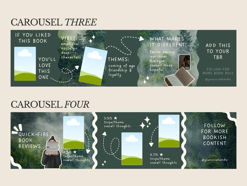 K&ouml;nnte beinhalten: Eine digitale Grafik f&uuml;r Buchbesprechungen mit einem Waldbild im Hintergrund und Textelementen. Das Design enth&auml;lt S&auml;tze wie "Carousel Three", "Wenn Ihnen dieses Buch gefallen hat, werden Sie dieses lieben" und "Schnelle Buchbesprechungen".