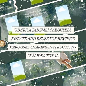 K&ouml;nnte beinhalten: Dunkelgr&uuml;ne Grafik mit Text, der f&uuml;r "5 Dark Academia Carousels" f&uuml;r Buchrezensionen wirbt. Das Design enth&auml;lt Bilder von Wolken, einer Kaffeetasse und einer Person, die B&uuml;cher h&auml;lt. Der Text erw&auml;hnt auch "25 Folien insgesamt".
