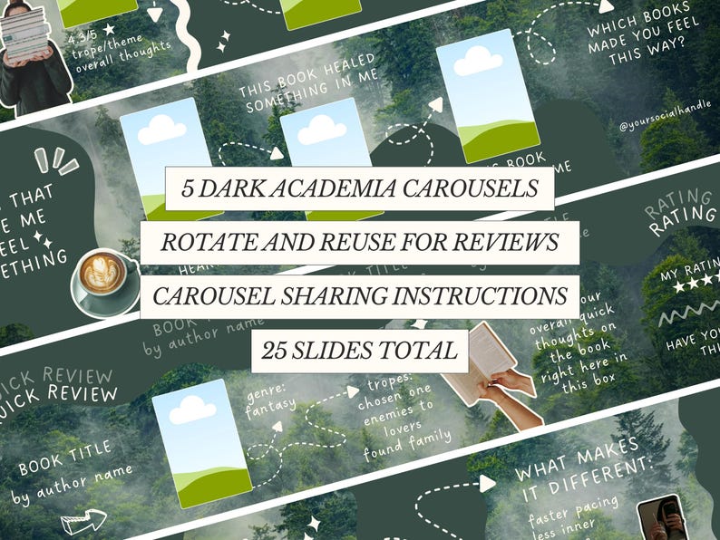 K&ouml;nnte beinhalten: Dunkelgr&uuml;ne Grafik mit Text, der f&uuml;r "5 Dark Academia Carousels" f&uuml;r Buchrezensionen wirbt. Das Design enth&auml;lt Bilder von Wolken, einer Kaffeetasse und einer Person, die B&uuml;cher h&auml;lt. Der Text erw&auml;hnt auch "25 Folien insgesamt".