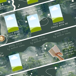 K&ouml;nnte beinhalten: Dunkelgr&uuml;ne Buchrezensionsvorlage mit wei&szlig;em Text und Illustrationen. Die Vorlage enth&auml;lt Abschnitte f&uuml;r Buchtitel, Autor, Bewertung und kurze Gedanken. Das Design integriert einen Hintergrund mit Wald und eine Kaffeetasse.