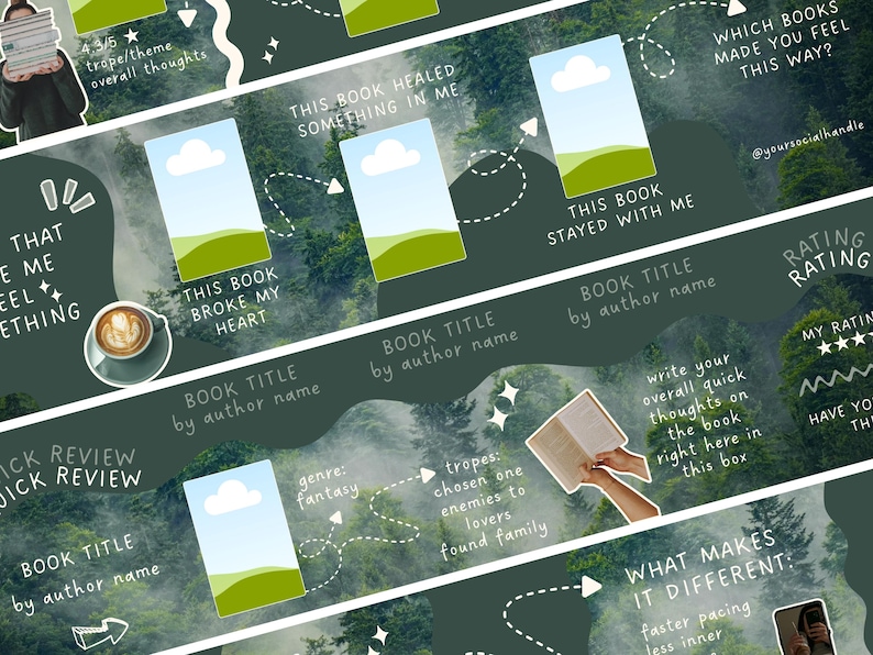 K&ouml;nnte beinhalten: Dunkelgr&uuml;ne Buchrezensionsvorlage mit wei&szlig;em Text und Illustrationen. Die Vorlage enth&auml;lt Abschnitte f&uuml;r Buchtitel, Autor, Bewertung und kurze Gedanken. Das Design integriert einen Hintergrund mit Wald und eine Kaffeetasse.