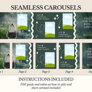 K&ouml;nnte beinhalten: Digitalgrafik mit dem Text &bdquo;SEAMLESS CAROUSELS&ldquo; und &bdquo;QUICK-FIRE BOOK REVIEWS&ldquo;. Die Grafik enth&auml;lt eine Person, die B&uuml;cher h&auml;lt, und einen Hintergrund mit Wald. Gebrauchsanweisungen sind enthalten.