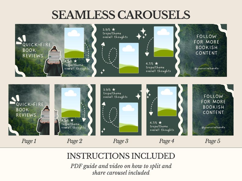 K&ouml;nnte beinhalten: Digitalgrafik mit dem Text &bdquo;SEAMLESS CAROUSELS&ldquo; und &bdquo;QUICK-FIRE BOOK REVIEWS&ldquo;. Die Grafik enth&auml;lt eine Person, die B&uuml;cher h&auml;lt, und einen Hintergrund mit Wald. Gebrauchsanweisungen sind enthalten.