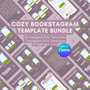Peut inclure: Un ensemble de modèles Instagram sur le thème du confort. Les modèles comprennent 20 modèles de publication, 7 modèles d'histoire et 15 icônes de mise en évidence. Le texte sur l'image dit "COZY BOOKSTAGRAM TEMPLATE BUNDLE". Les modèles sont conçus pour être modifiés dans Canva.