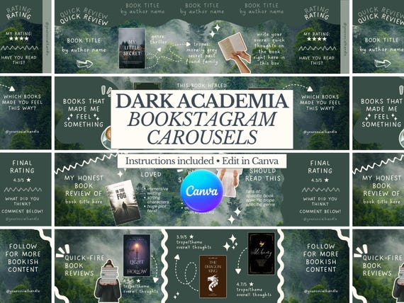 Dark Academia Bookstagram Templates | Editable Canva Seamless Carousel Templates for Book Reviews | Forest Aesthetic Instagram Templates