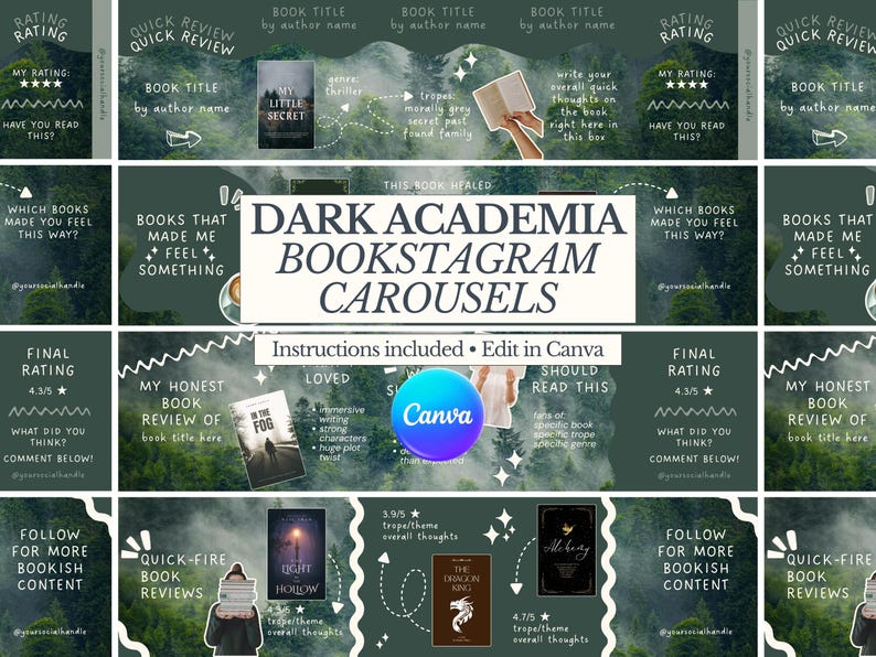 K&ouml;nnte beinhalten: Dark Academia Bookstagram-Karussells mit Anleitung. Das Design zeigt einen dunkelgr&uuml;nen Hintergrund mit Bergillustrationen und Buchbesprechungen. Enth&auml;lt Buchtitel, Autorennamen und Bewertungssterne.