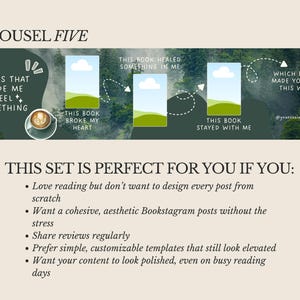 K&ouml;nnte beinhalten: Ein digitales Vorlagenset f&uuml;r Bookstagram-Posts. Das Design zeigt einen Hintergrund mit Waldlandschaft und Text&uuml;berlagerungen, darunter &bdquo;Books That Made Me Feel Something&ldquo; und &bdquo;This Book Broke My Heart&ldquo;. Enth&auml;lt eine Kaffeetassen-Grafik.