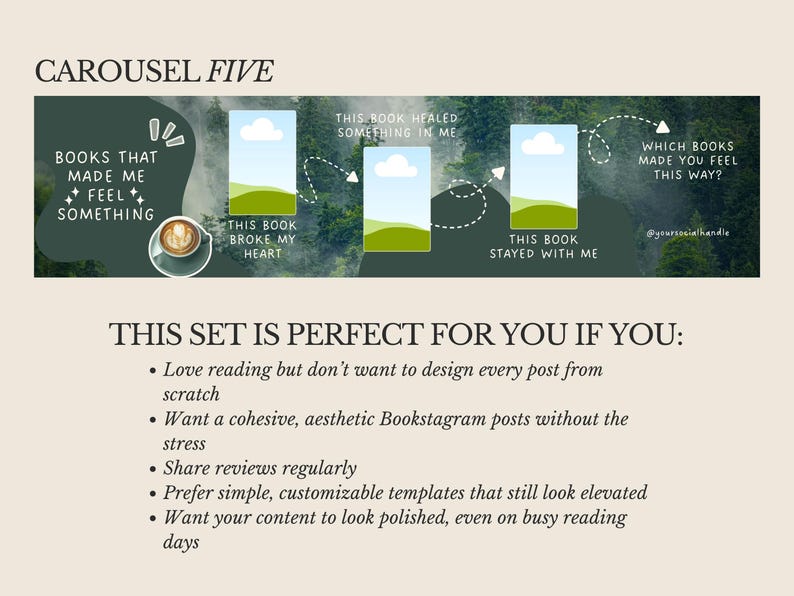K&ouml;nnte beinhalten: Ein digitales Vorlagenset f&uuml;r Bookstagram-Posts. Das Design zeigt einen Hintergrund mit Waldlandschaft und Text&uuml;berlagerungen, darunter &bdquo;Books That Made Me Feel Something&ldquo; und &bdquo;This Book Broke My Heart&ldquo;. Enth&auml;lt eine Kaffeetassen-Grafik.