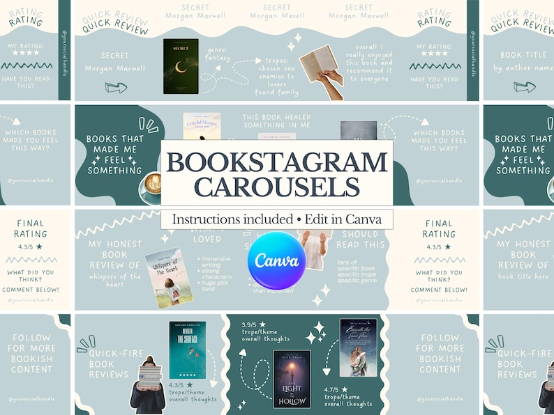 Bookstagram Seamless Carousel Templates Canva | Trendy Book Review ...