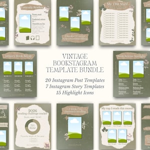 Può includere: Un pacchetto di modelli Instagram in stile vintage per gli amanti dei libri. Il bundle include 20 modelli di post, 7 modelli di storie e 15 icone di evidenziazione. I design presentano uno schema di colori verde e beige con accenti floreali.