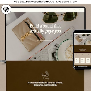 Può includere: Un laptop e uno smartphone mostrano un modello di sito web con il testo "Build a brand that actually pays you". L'immagine include un portafoglio beige, occhiali da sole e un piatto con cibo. Il tema del sito web è marrone e beige.