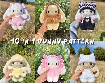May include: A collection of handmade crochet bunny dolls in various outfits. The bunnies are white, tan, and pink, with outfits including dresses, overalls, and hats. The text "10 IN 1 BUNNY PATTERN" is displayed.