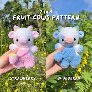 Patrón de crochet 2 en 1 para vacas de frutas bebés: vaca fresa, vaca arándano y vaca normal extra